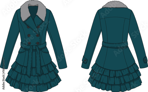 Stylish teal women’s winter coat with faux fur collar, double-breasted buttons, belted waist, layered ruffle hem, fashion outerwear