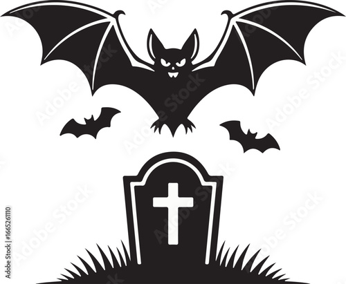 Black Bat with Tombstone in Minimal Halloween Design