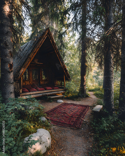 Cozy Wooden Cabin Nestled in the Forest Surrounded by Trees