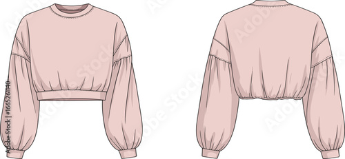Trendy oversized sweatshirt fashion flat sketch with balloon sleeves, cropped pullover design template, casual women’s clothing illustration, stylish apparel vectorTrend