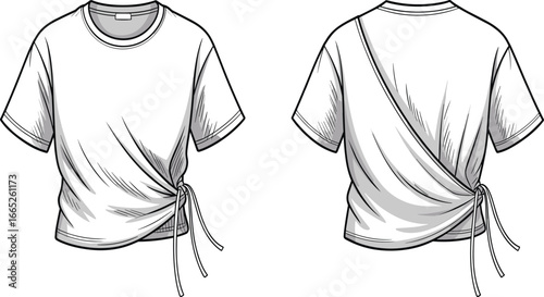Trendy short sleeve t-shirt with side tie, stylish women top design, casual fashion apparel illustration, modern clothing vector, summer wear