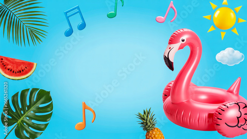 Vibrant summer fun with pink flamingo and tropical elements on blue background