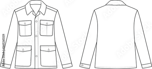 Utility jacket front and back view, fashion flat sketch, vector clothing template, casual outerwear design, technical drawing for garment production and manufacturing