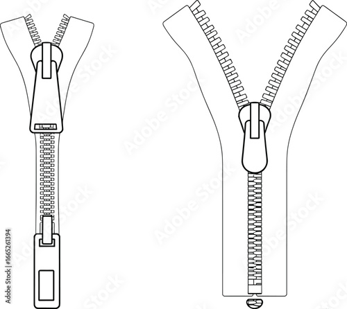 Vector illustration of zipper icon, open and closed zip fastener, clothing accessory design element, fashion tool, garment closure, textile hardware