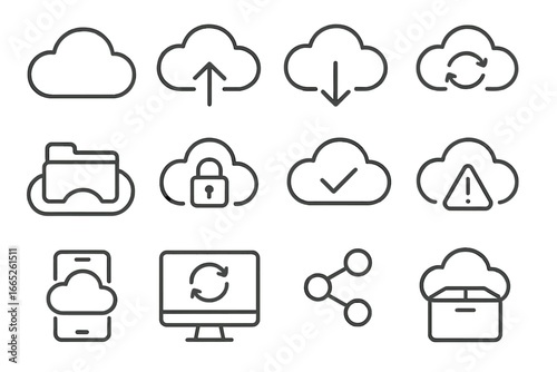Cloud Storage Icons. Line style icons of cloud storage basics: cloud icon, upload arrow, download arrow, sync symbol, file folder