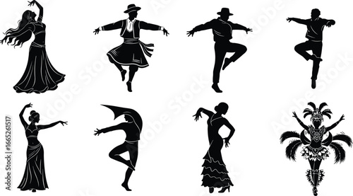 Silhouettes of cultural dancers performing traditional, folk, flamenco, Latin, and carnival dance styles in dramatic poses and festive costumes.