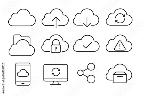 Cloud Storage Icons. Line style icons of cloud storage basics: cloud icon, upload arrow, download arrow, sync symbol, file folder