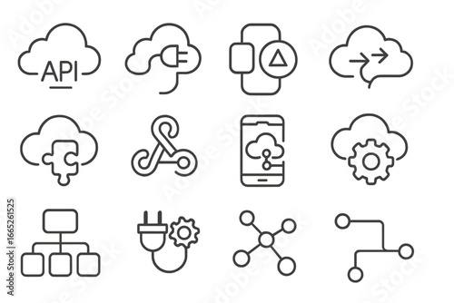Cloud Integration Icons. Line style icons of cloud integration systems: cloud API, plugin sync, third-party logo, system