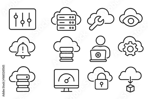 Cloud Infrastructure Icons. Line style icons of cloud infrastructure setup: control panel, server cluster, configuration wrench,