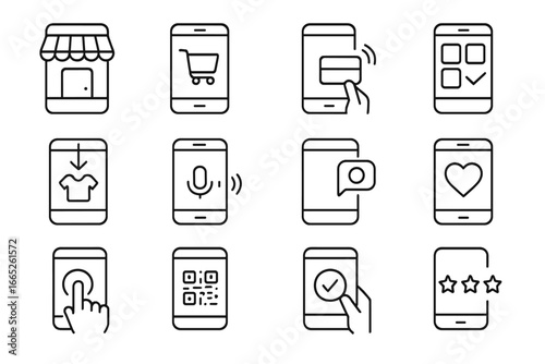 Mobile Commerce Icons. Line style icons of mobile commerce: mobile storefront, app cart icon, smartphone payment, responsive