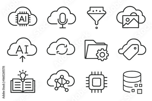AI Cloud Icons. Line style icons of AI and cloud services: AI cloud chip, voice assistant cloud, smart filter icon, image