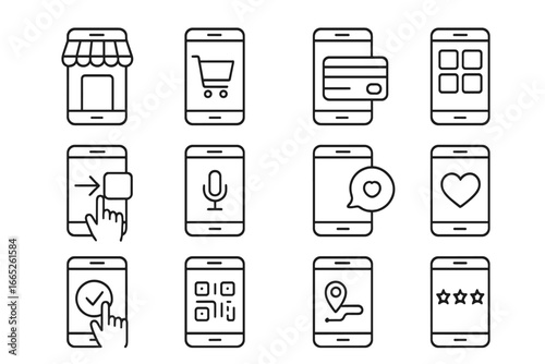Mobile Commerce Icons. Line style icons of mobile commerce: mobile storefront, app cart icon, smartphone payment, responsive