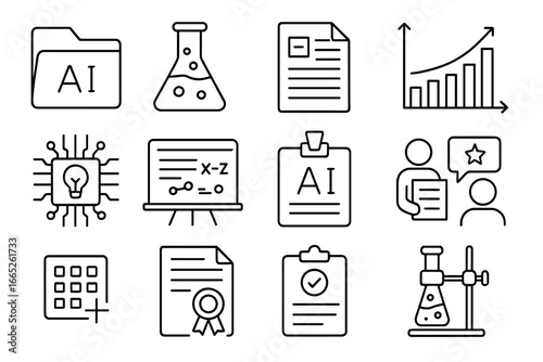 AI Research Icons. Line style icons of AI research and labs: research folder, AI lab flask, academic paper icon, benchmark chart,