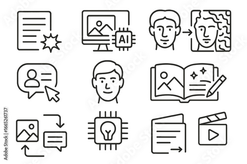 Generative AI Icons. Line style icons of generative AI: text generation icon, AI art creation, neural style transfer, prompt input