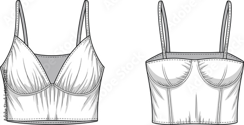 Women crop top sketch, lingerie camisole design, fashion flat template, stylish bustier illustration, apparel sewing pattern, clothing technical drawing