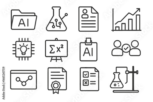 AI Research Icons. Line style icons of AI research and labs: research folder, AI lab flask, academic paper icon, benchmark chart,