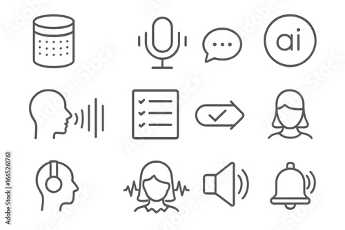 Voice Assistant Icons. Line style icons of voice assistants: smart speaker icon, microphone wave, speech bubble with sound, wake