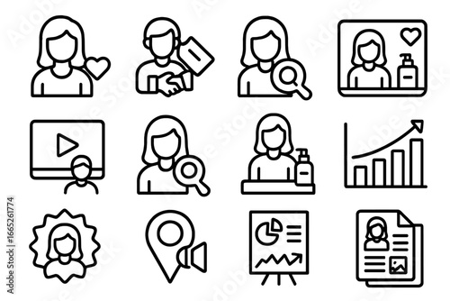 Influencer Marketing Icons. Line style icons of influencer marketing: influencer profile, brand collaboration icon, sponsored post