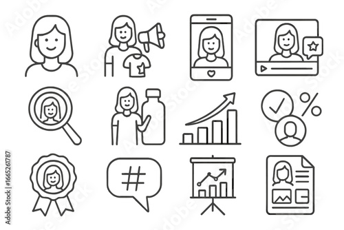 Influencer Marketing Icons. Line style icons of influencer marketing: influencer profile, brand collaboration icon, sponsored post