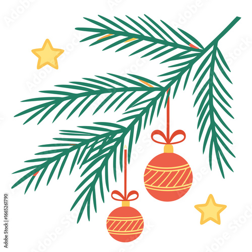 Festive pine branch with colorful ornaments isolated on white background isolated on transparent background