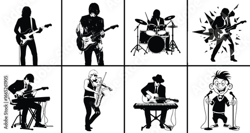Silhouettes of musicians playing guitar, drums, keyboard, violin, singing, rock band, live performance, music artists, concert stage, musical instruments