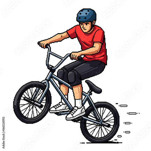 BMX rider performing a wheelie, dynamic pose, illustration style.
