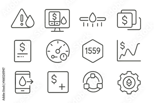 Gas Fee Optimization Icons. Line style icons of gas fee optimization: low gas alert, fee estimator, gas price slider, transaction