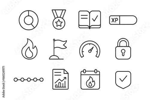 Learning Progress Icons. Line style icons of learning progress tracking: percentage wheel, achievement medal, chapter complete