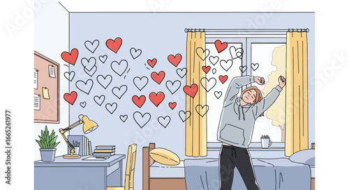 Morning routine of a young man in a decorated room with hearts, stretching by the window, youthful