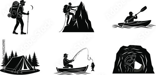 Silhouettes of People Doing Outdoor Adventure Activities – Hiking, Climbing, Kayaking, Camping, Fishing, Caving – Nature Exploration and Travel