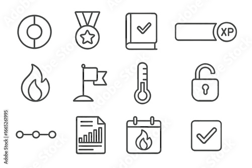 Learning Progress Icons. Line style icons of learning progress tracking: percentage wheel, achievement medal, chapter complete