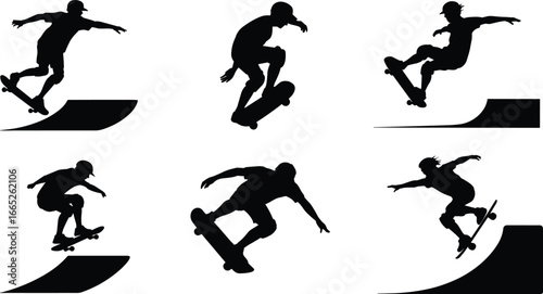 Skateboarder silhouette performing tricks, extreme sports action, skate park, urban lifestyle, youth culture, outdoor activity, skateboarding motion