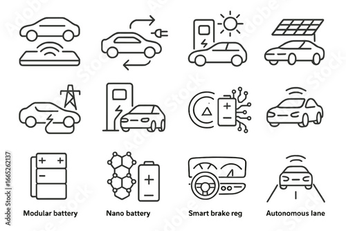 EV Innovation Icons. Line style icons of EV innovation: wireless charging pad, bidirectional charging icon, solar EV roof, vehicle