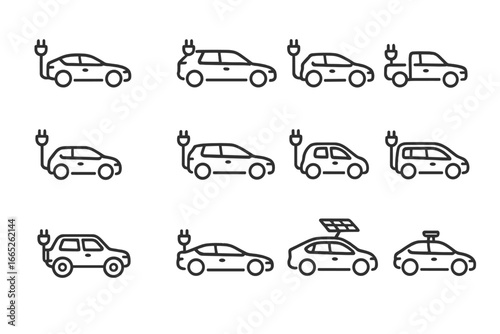 Electric Vehicle Icon Set. Line style icons of EV car types: electric sedan, electric SUV, electric hatchback, electric pickup,