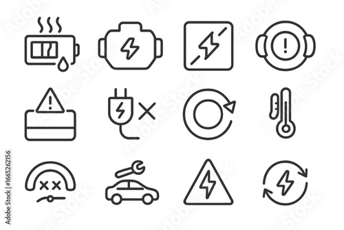 EV Warning Icons. Line style icons of EV warning indicators: battery overheating icon, motor fault light, insulation fault, brake