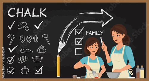 Mother and daughter baking together with recipe on chalkboard background drawn with chalk