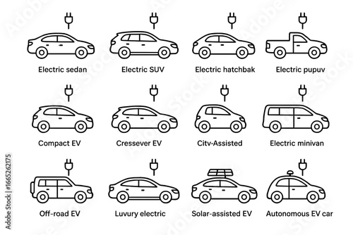 Electric Vehicle Icon Set. Line style icons of EV car types: electric sedan, electric SUV, electric hatchback, electric pickup,