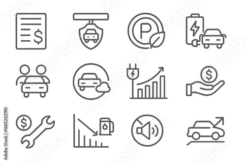 EV Ownership Icons. Line style icons of EV ownership benefits: tax credit form, reduced toll icon, green parking badge, free
