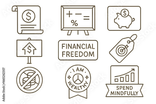 Finance Icon Collection. Line style icons of personal finance quotes and affirmations: money mantra scroll, budgeting quote board,