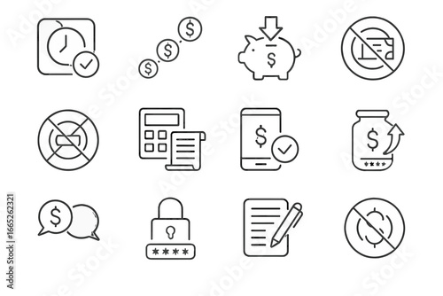 Financial Responsibility Icons. Line style icons of financial responsibility habits: pay on time icon, debt snowball tracker, save