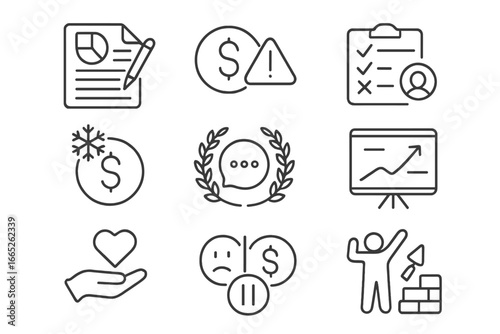 Financial Setback Icons. Line style icons of managing financial setbacks: budget revision file, income drop alert, job loss