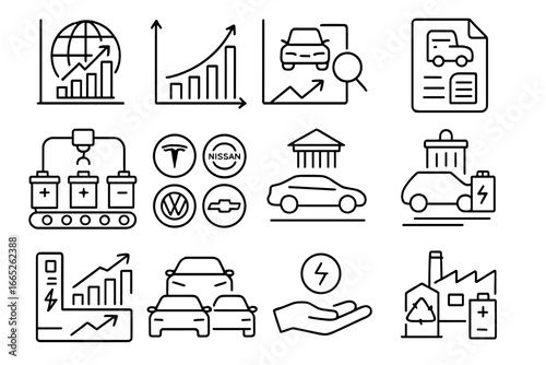 EV Industry Line Icons. Line style icons of EV market and industry: global EV sales chart, EV adoption graph, battery production