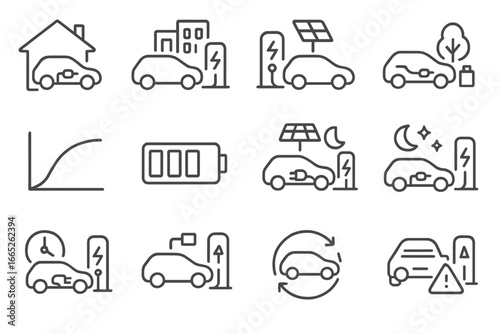 EV Charging Icons. Line style icons of EV charging behavior: charge at home, charge at work, public fast charging, destination