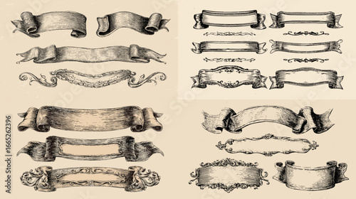 Antique ribbon banners and ornate frames in engraved line art. Elegant borders, labels, and dividers perfect for certificates, invitations, packaging, and branding.