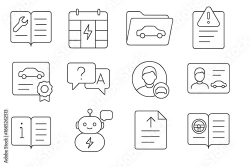 EV Owner Support Icons. Line style icons of EV owner support tools: maintenance logbook, charge stats calendar, digital garage