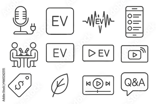 EV Podcast Icon Design. Line style icons of EV podcast and video branding: podcast mic with plug, EV podcast cover frame, waveform