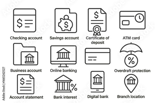 Banking Icons Collection. Line style icons of banking products: checking account icon, savings account file, certificate of