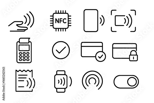 Contactless Payment Icons. Line style icons of contactless payments: tap-to-pay symbol, NFC chip icon, mobile wallet with waves,
