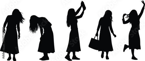 Silhouette of woman in emotional poses, dancing, walking, jumping, expressing movement and fashion on white background for creative design.