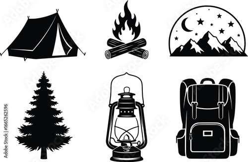 Outdoor camping adventure silhouette set featuring tent campfire mountains moon and backpack elements